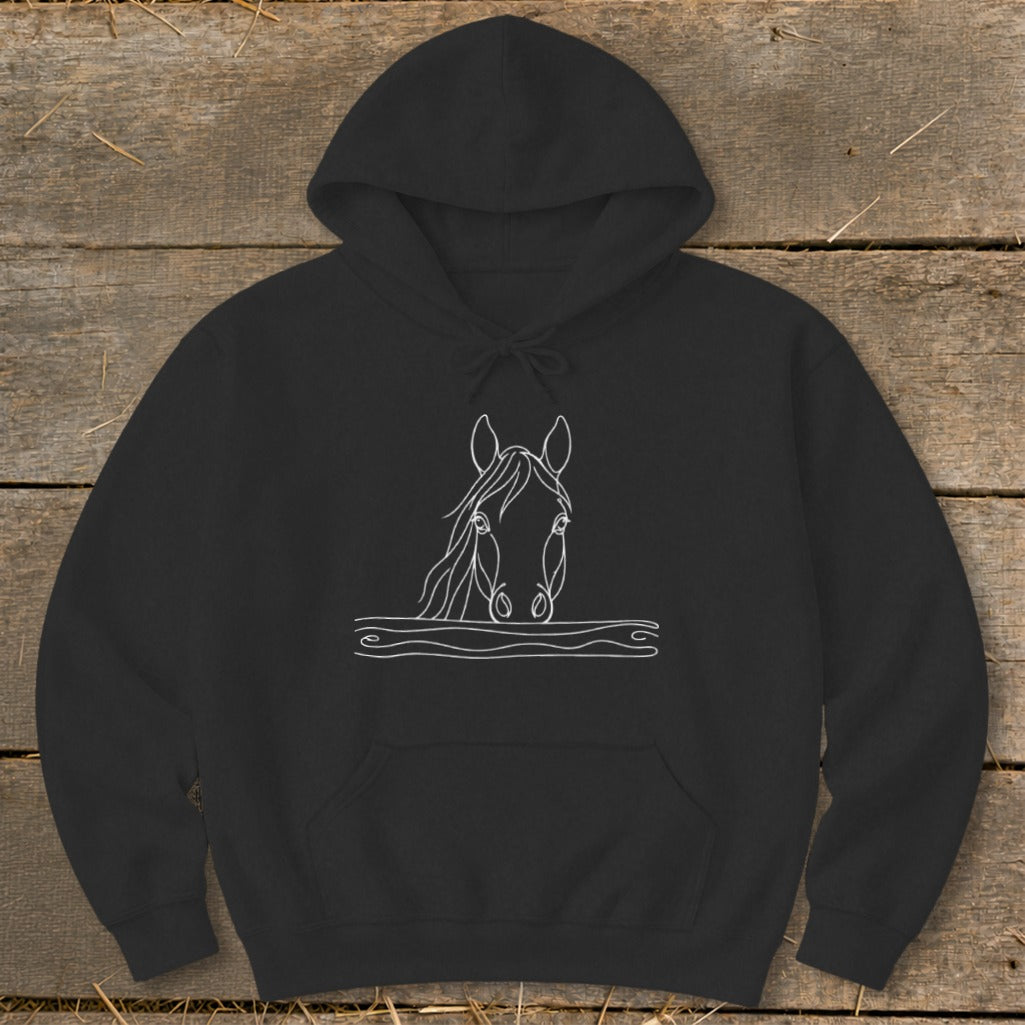 Black hoodie with a white line drawing of a horse's head emerging from wavy lines.