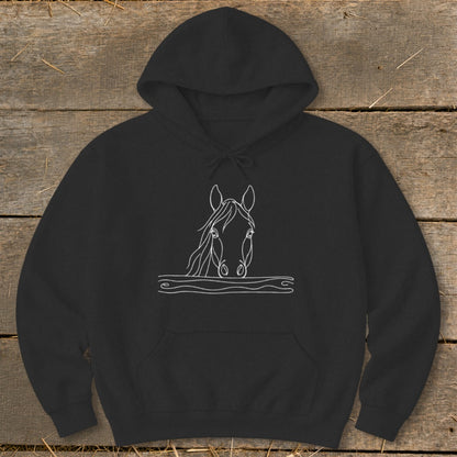 Black hoodie with a white line drawing of a horse's head emerging from wavy lines.