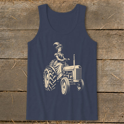 Vintage illustration of a woman in a Victorian dress driving a tractor.