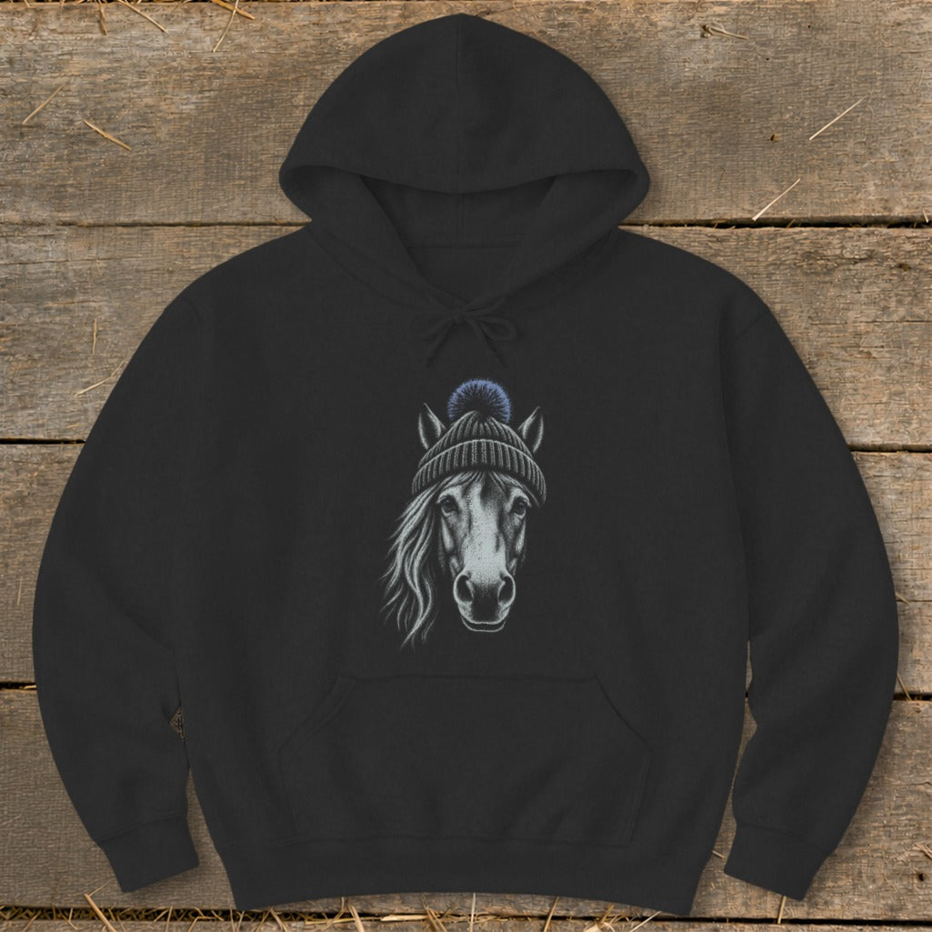 Black hoodie with a sketched horse wearing a blue pom-pom beanie.