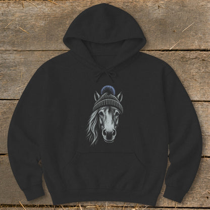 Black hoodie with a sketched horse wearing a blue pom-pom beanie.