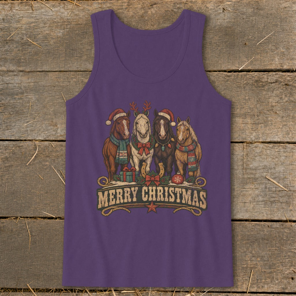 Four horses in Christmas hats and scarves with "Merry Christmas" text.