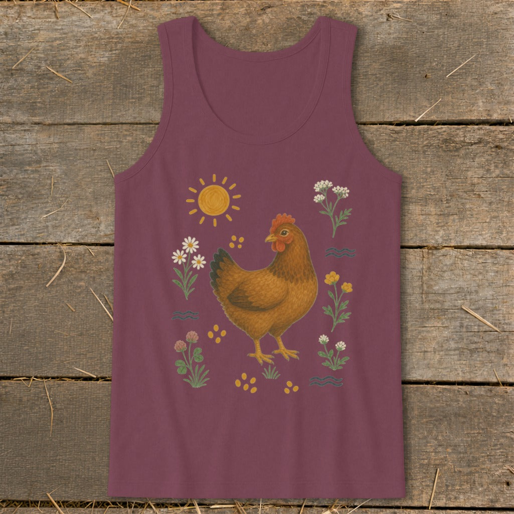 Burgundy tank top with a chicken and floral illustration.