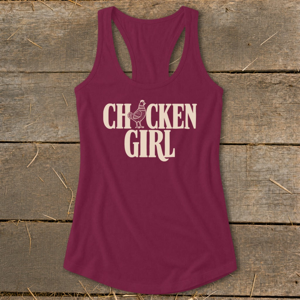 Burgundy racerback tank top with "CHICKEN GIRL" and a chicken graphic.
