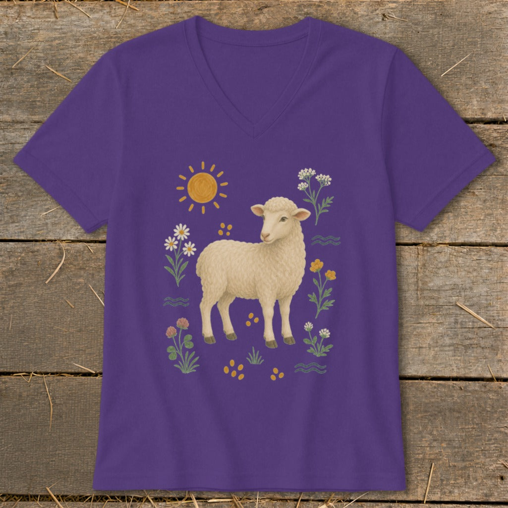 Purple t-shirt with a lamb and flowers graphic.