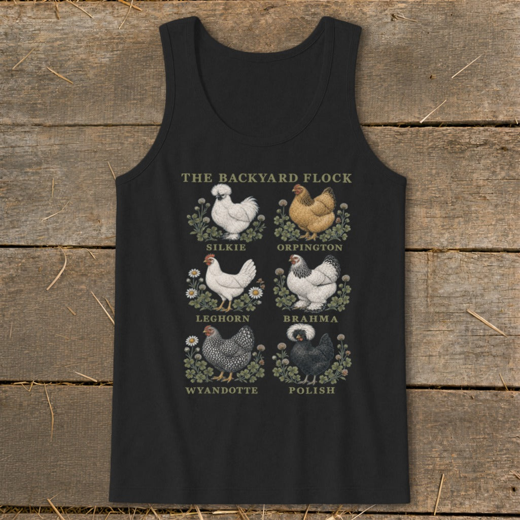 Black tank top featuring six illustrations of chicken breeds with their names.