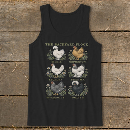 Black tank top featuring six illustrations of chicken breeds with their names.