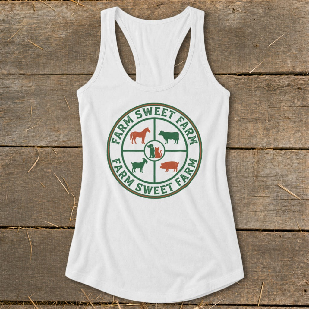 White tank top with circular "FARM SWEET FARM" logo featuring farm animals.