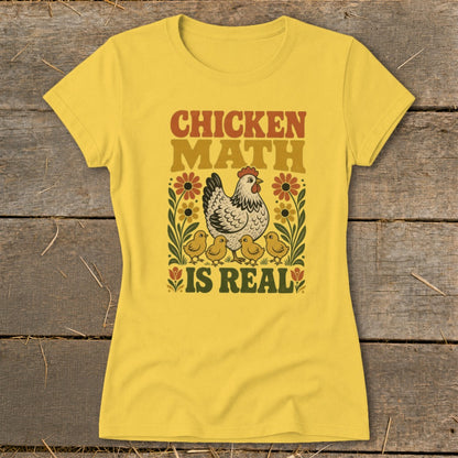 Yellow t-shirt with "Chicken Math Is Real" text and illustration of a hen and chicks.