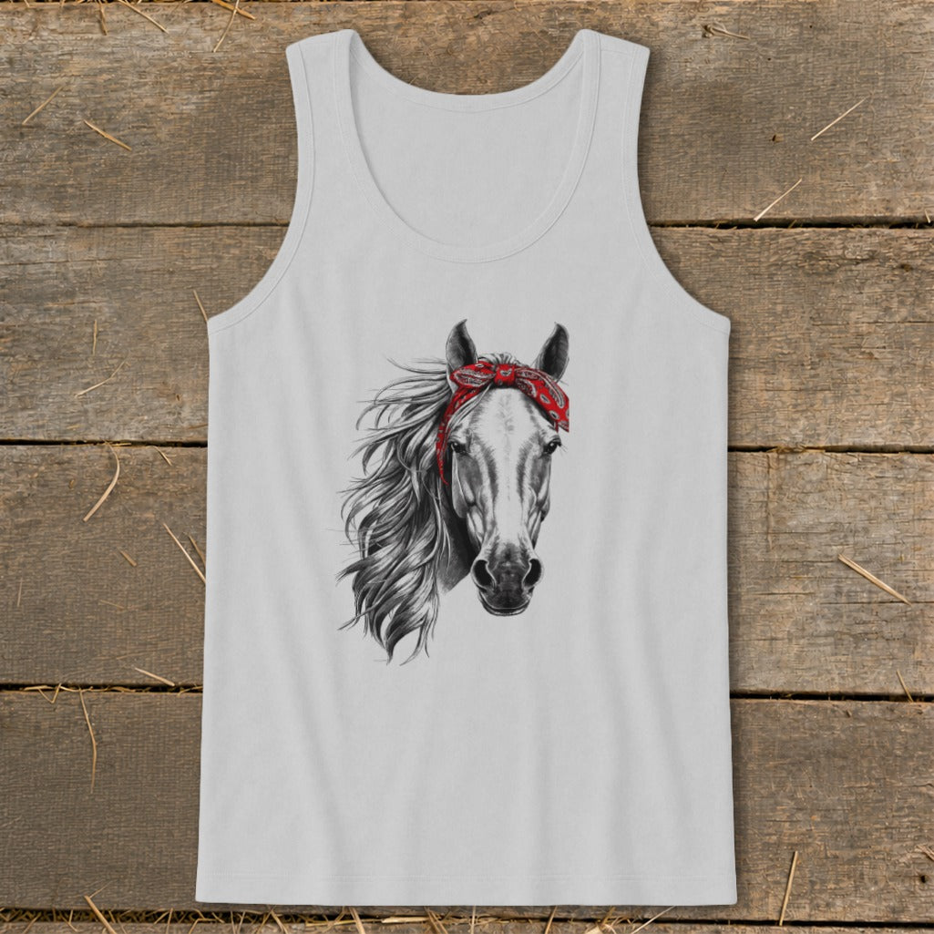 White tank top with black and white drawing of a horse wearing a red bandana.
