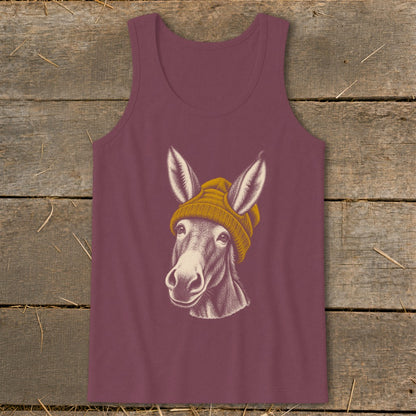 Donkey wearing a yellow beanie graphic on a maroon tank top.