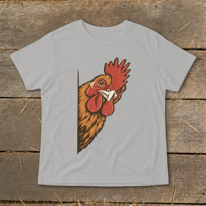 Rooster peeking from the side on a light gray t-shirt.