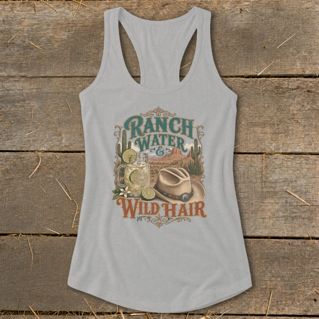 Light gray tank top with "Ranch Water Wild Hair" graphic, drink, and hat.