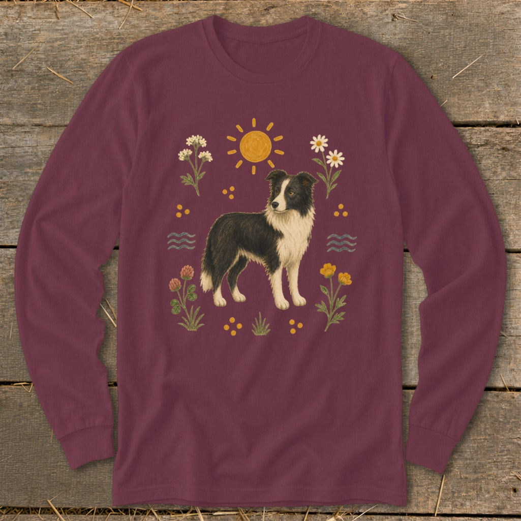 Maroon long-sleeve shirt with a Border Collie surrounded by flowers and a sun.