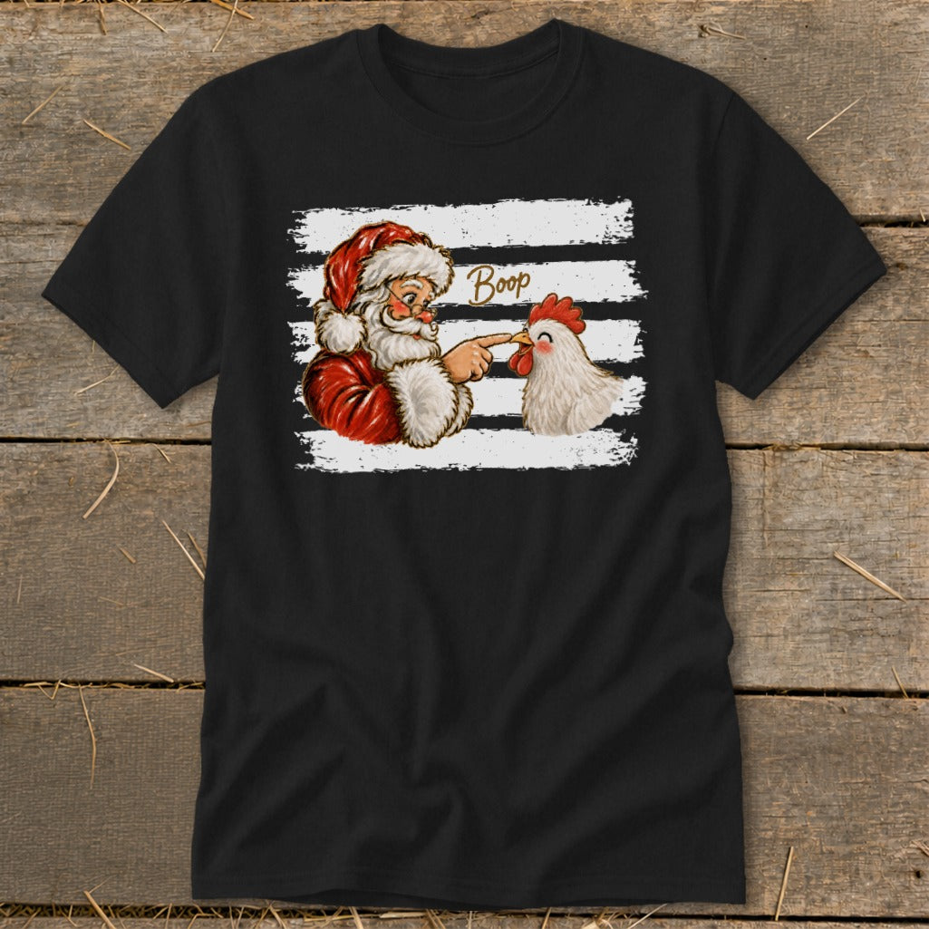 Santa boops a chicken with the word "Boop" above.