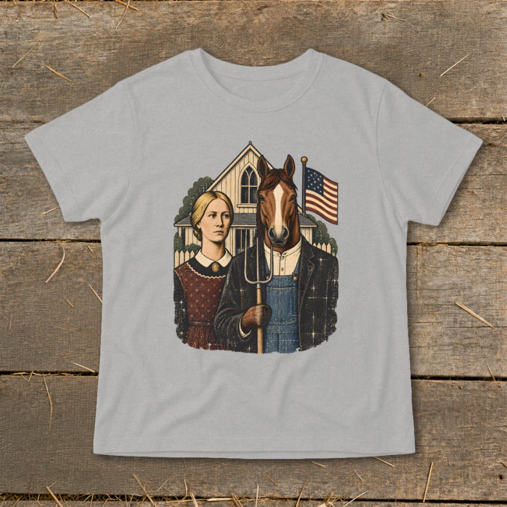 Gray t-shirt featuring a satirical American Gothic illustration with a horse head on the farmer.
