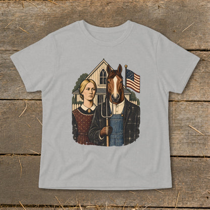 Gray t-shirt featuring a satirical American Gothic illustration with a horse head on the farmer.