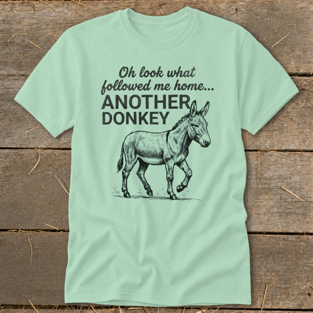 Light green t-shirt with text "Oh look what followed me home... ANOTHER DONKEY" and a donkey illustration.