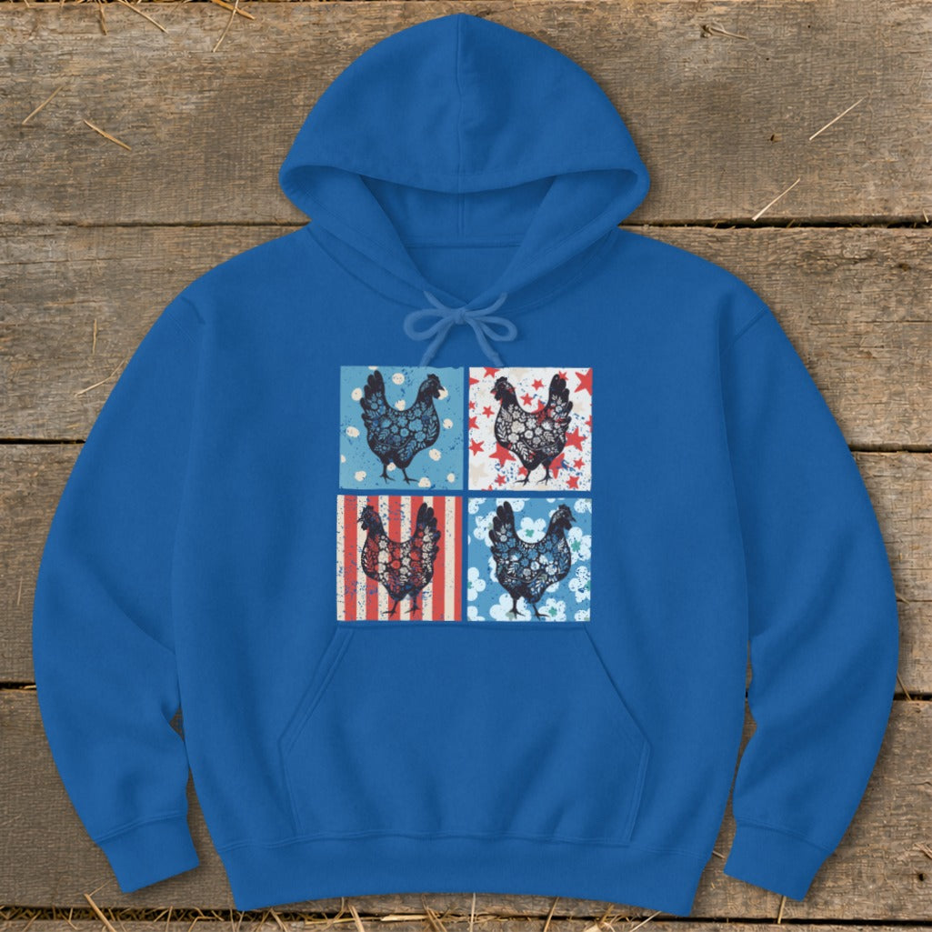 Royal blue hoodie with four squares featuring chickens in patriotic patterns.