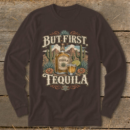 Tequila bottle, shot glass, and cactus with "But First, Tequila" text.