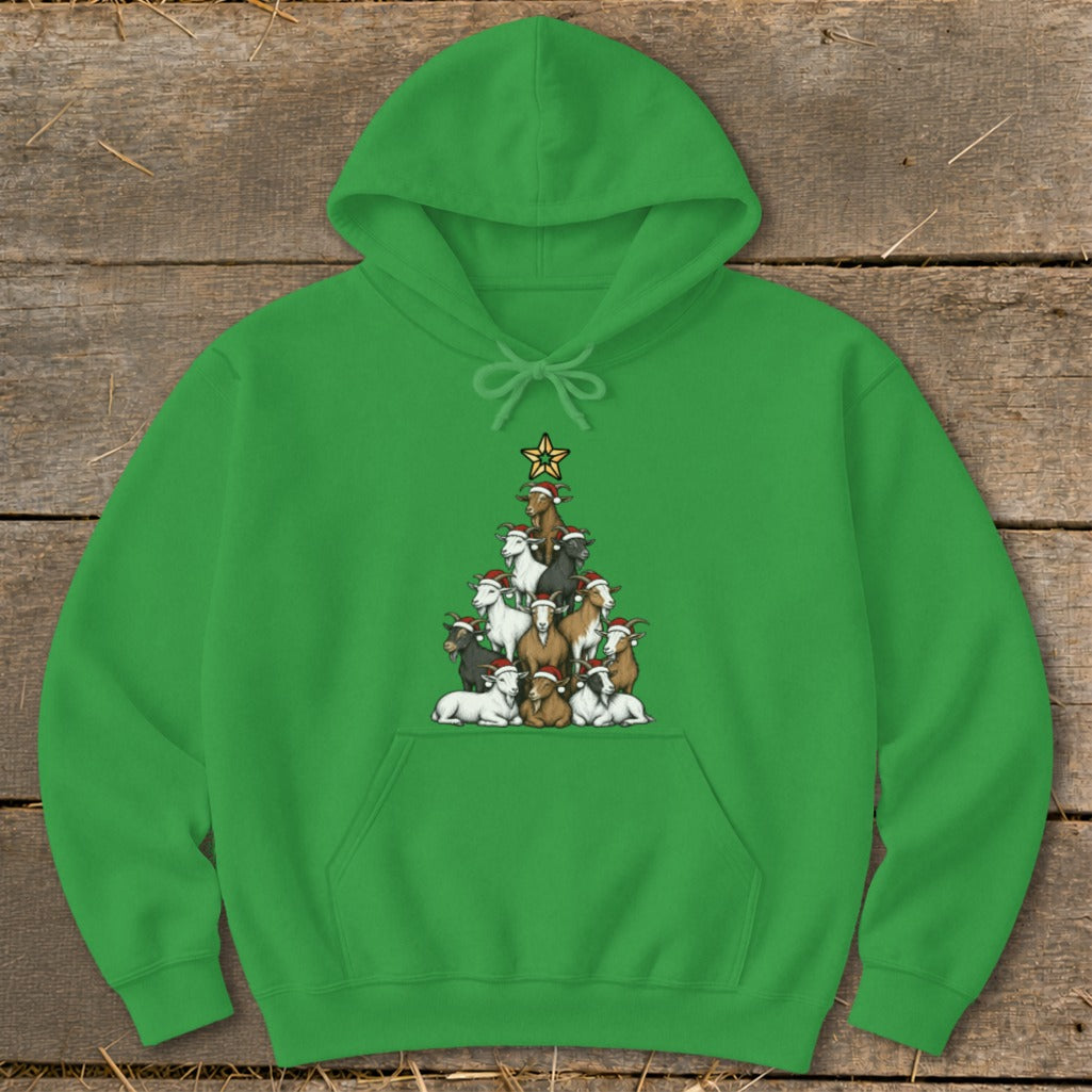 Green hoodie with a Christmas tree made of goats wearing Santa hats.