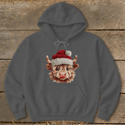 Dark gray hoodie with a Highland cow wearing a Santa hat graphic.