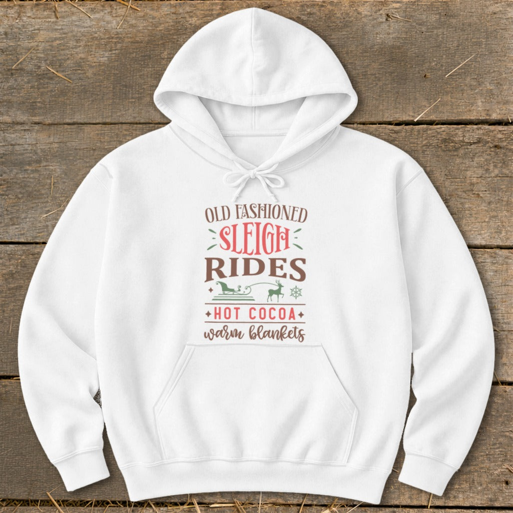 White hoodie with "Old Fashioned Sleigh Rides" text and Christmas graphics.
