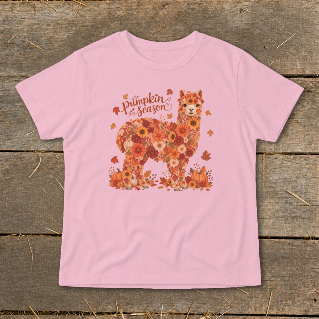 Alpaca made of flowers and pumpkins with "Pumpkin Season" text.