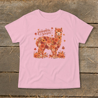 Alpaca made of flowers and pumpkins with "Pumpkin Season" text.