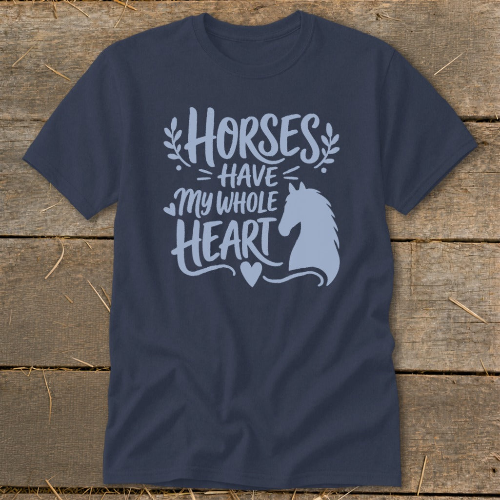 Navy t-shirt with "Horses Have My Whole Heart" text and horse graphic.
