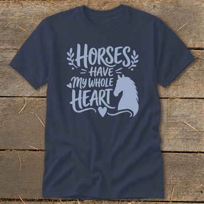 Navy t-shirt with "Horses Have My Whole Heart" text and horse graphic.