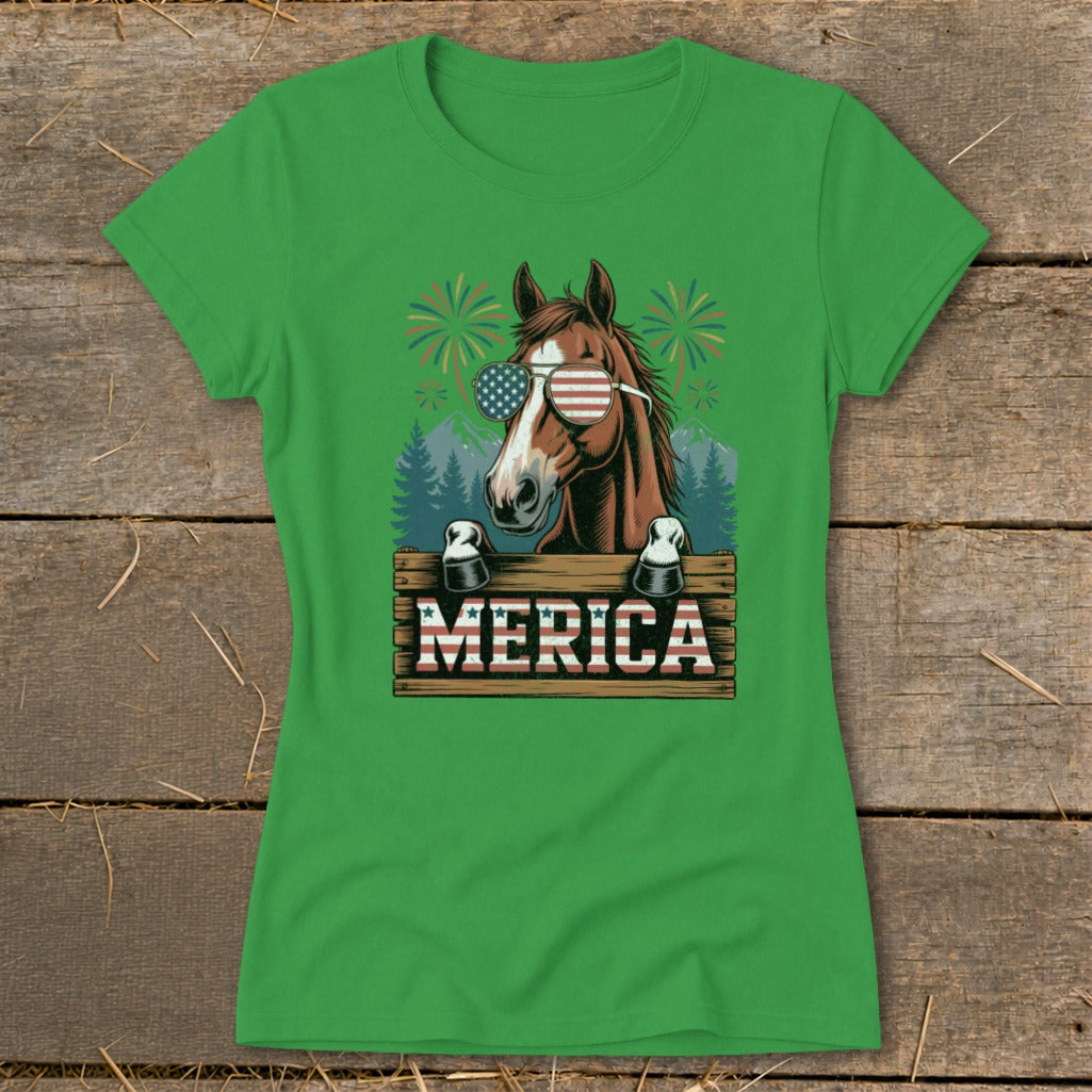 Horse wearing American flag sunglasses with "MERICA" text and fireworks.