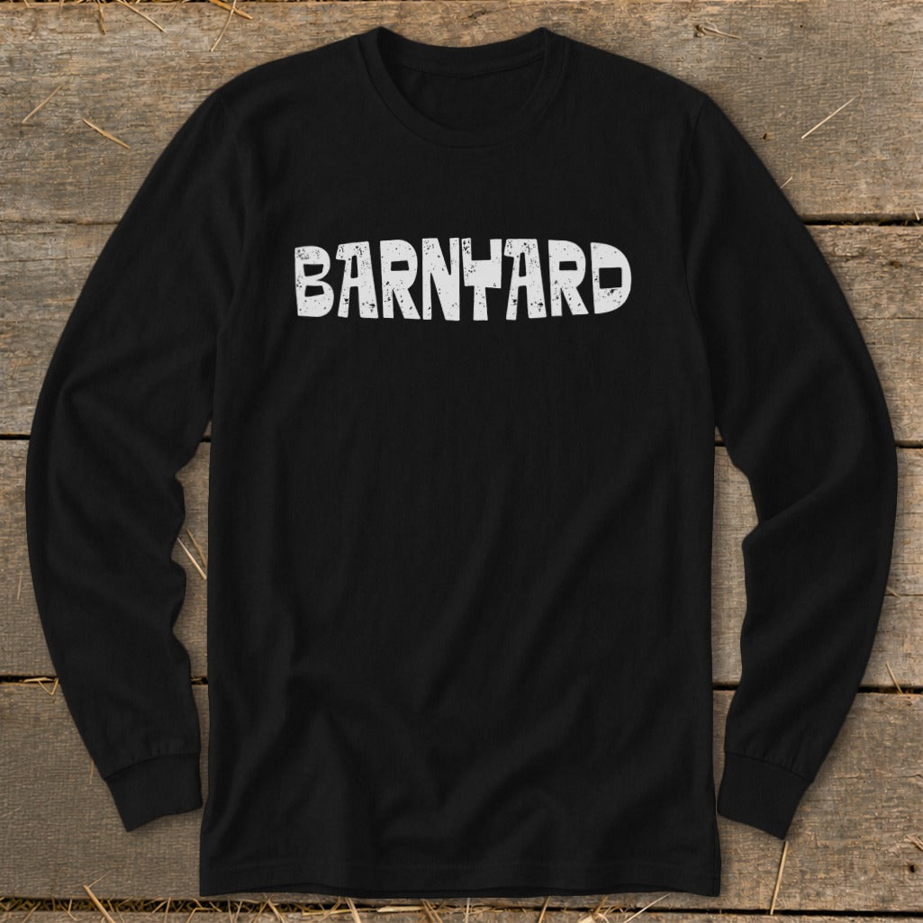 Black long-sleeve t-shirt with the word BARNYARD printed in distressed white uppercase letters across the chest.