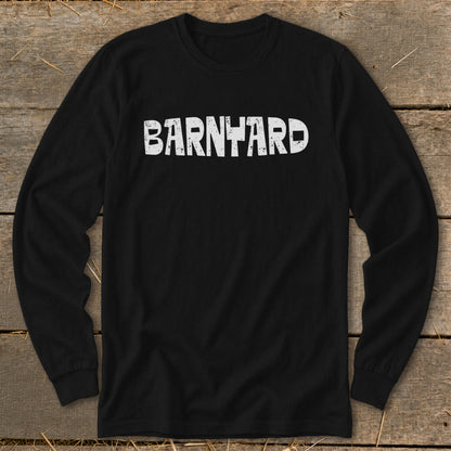 Black long-sleeve t-shirt with the word BARNYARD printed in distressed white uppercase letters across the chest.