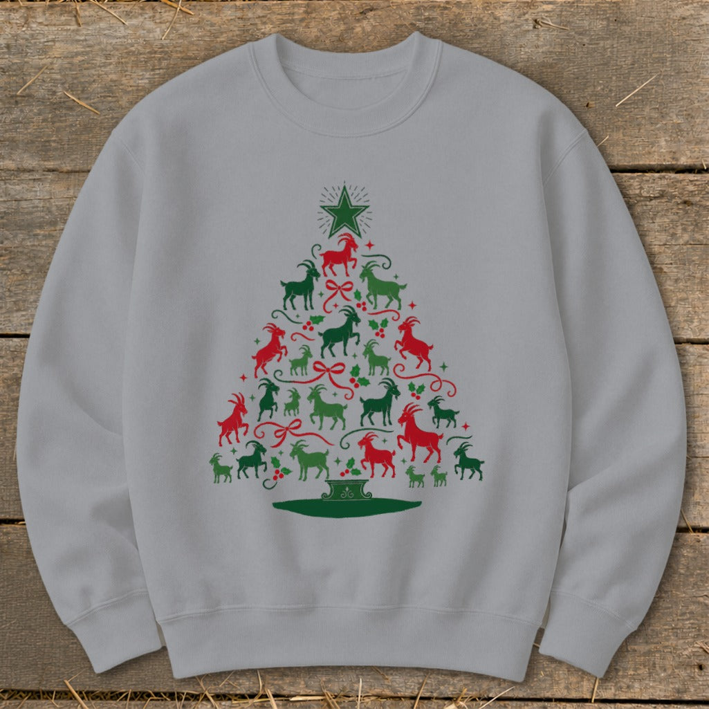 Light grey sweatshirt with a Christmas tree design made of red and green goats.