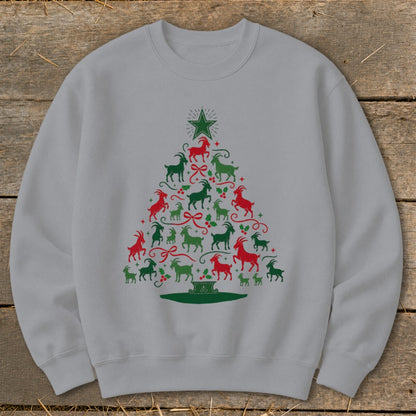 Light grey sweatshirt with a Christmas tree design made of red and green goats.