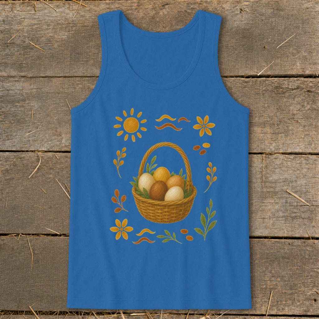Blue tank top with a watercolor illustration of a basket of eggs surrounded by floral and sun motifs.