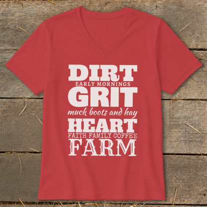 Red t-shirt with white text: Dirt, Early Mornings, Grit, muck boots and hay, Heart, Faith Family Coffee, Farm.