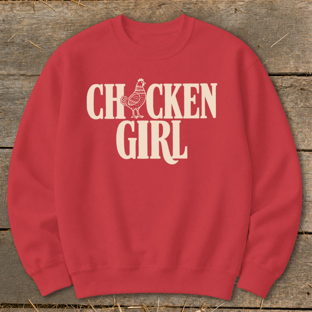 Red sweatshirt with "Chicken Girl" text and a chicken graphic.