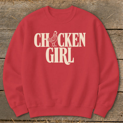 Red sweatshirt with "Chicken Girl" text and a chicken graphic.
