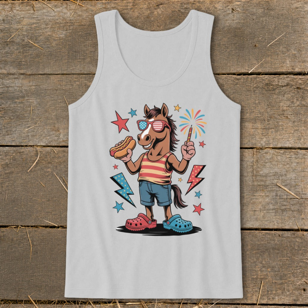 Horse wearing sunglasses, holding a hot dog and a sparkler, with fireworks and lightning bolts.
