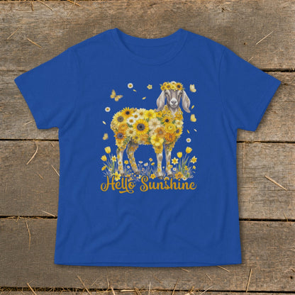 Goat adorned with sunflowers and butterflies, with "Hello Sunshine" text.