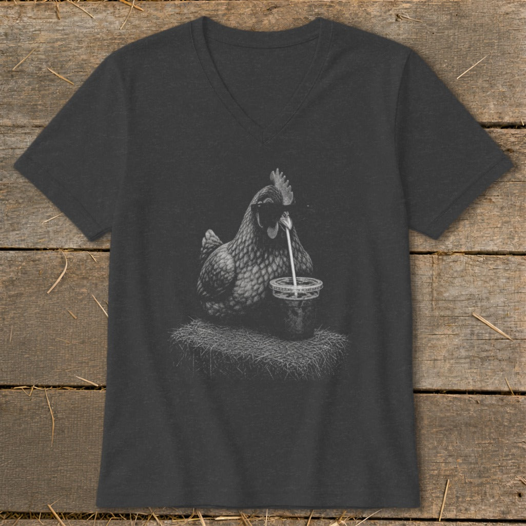 Charcoal v-neck t-shirt with a chicken drinking from a cup printed on front.