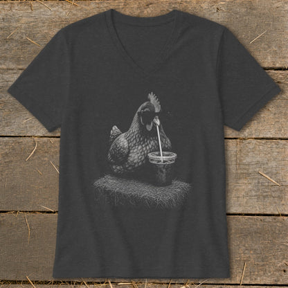 Charcoal v-neck t-shirt with a chicken drinking from a cup printed on front.