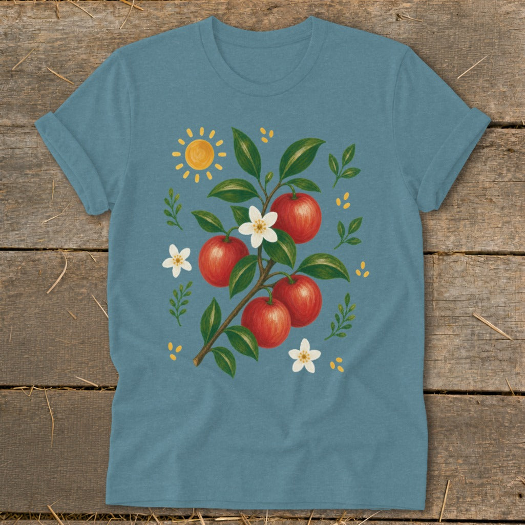 Blue t-shirt with illustration of apples, white flowers, and a sun.