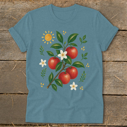 Blue t-shirt with illustration of apples, white flowers, and a sun.