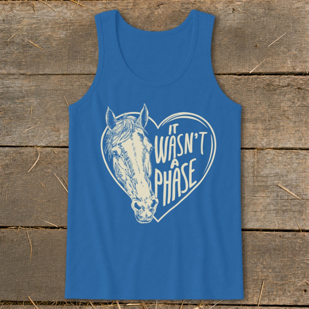 Blue tank top with horse head inside heart and text "It Wasn't A Phase".