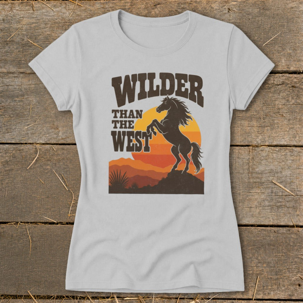 Gray t-shirt with "WILDER THAN THE WEST" and rearing horse graphic.