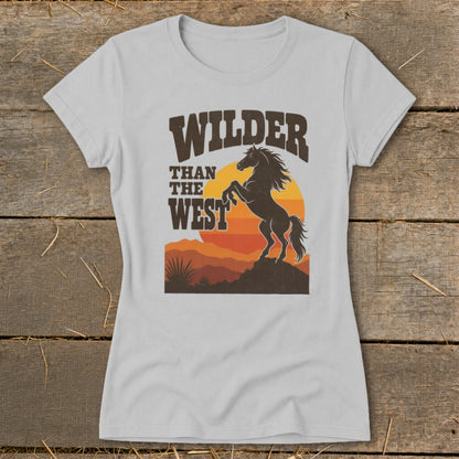 Gray t-shirt with "WILDER THAN THE WEST" and rearing horse graphic.
