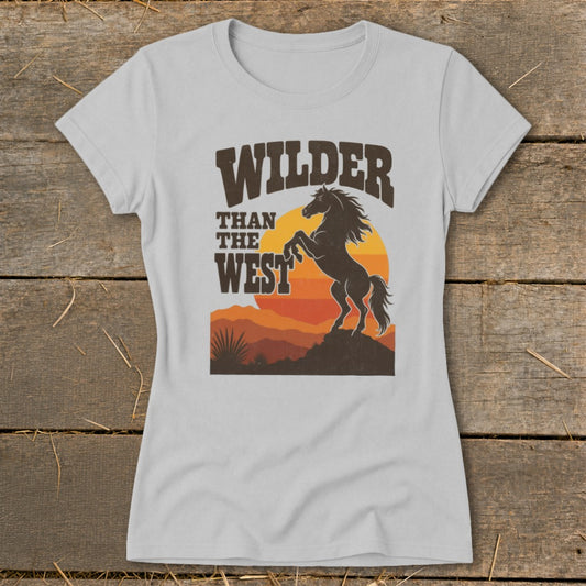 Gray t-shirt with "WILDER THAN THE WEST" and rearing horse graphic.